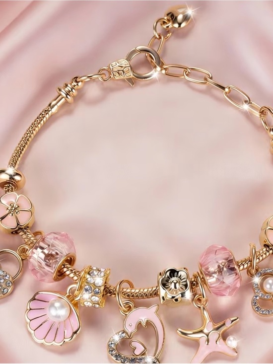 Jewelry - Gold & Pink Charm Bracelet - Women's Fashion Jewelry
